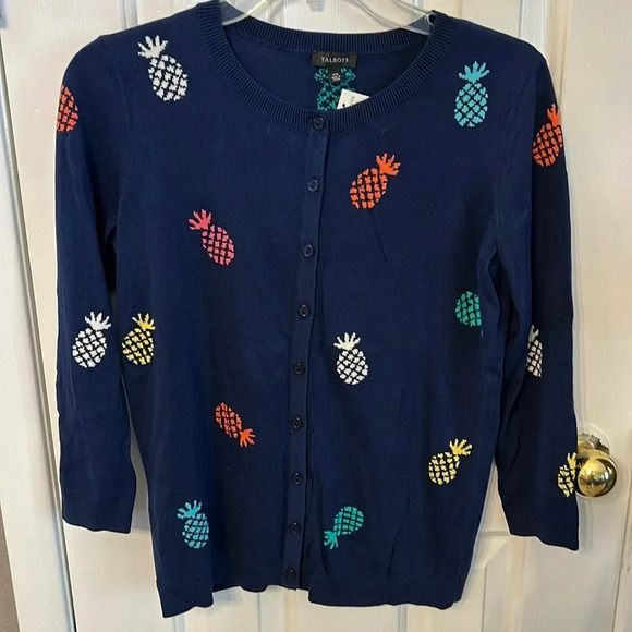 Talbots Women’s (XS) Navy Pineapple Charming Cardigan Crewneck Sweater NWT - Picture 1 of 8